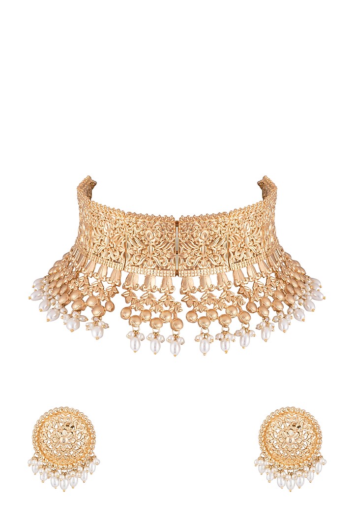Gold Finish Faux Pearls Embossed Choker Necklace Set by Aster at Pernia's Pop Up Shop