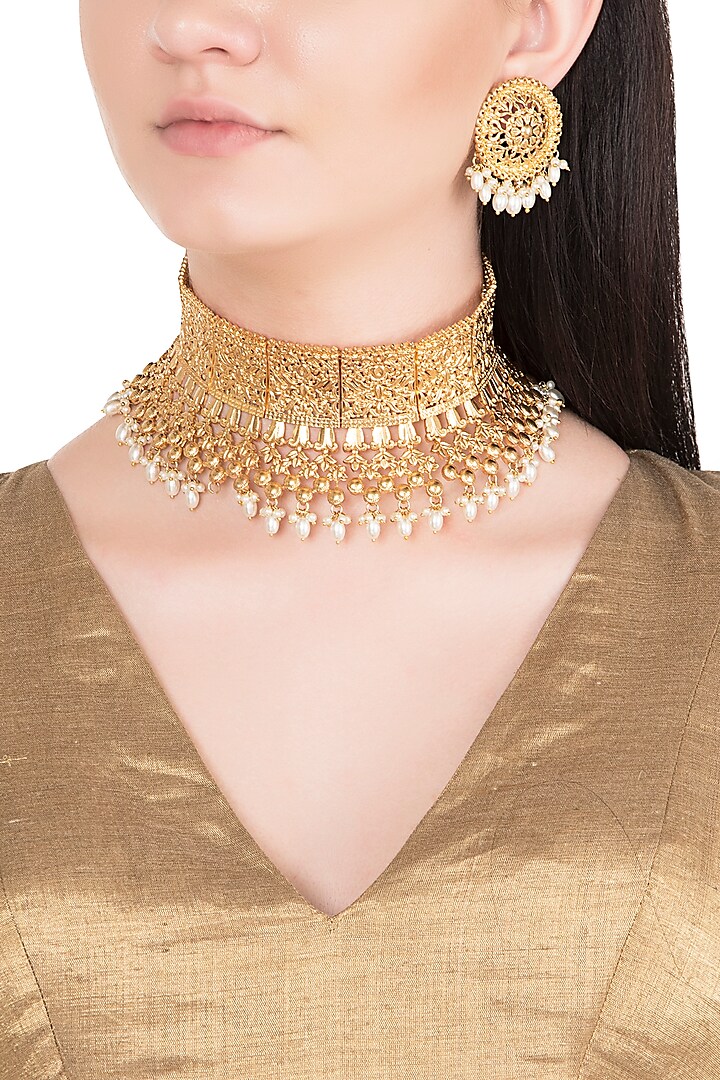 Gold Finish Faux Pearls Embossed Choker Necklace Set by Aster
