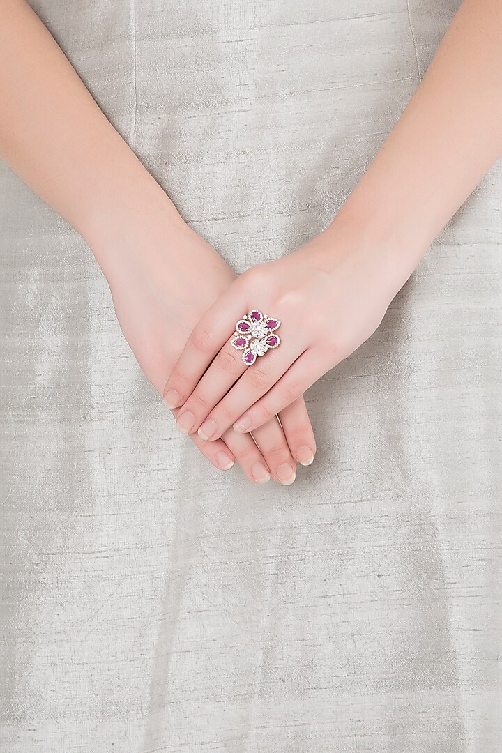 White Finish Faux Diamonds & Red Stones Ring by Aster at Pernia's Pop Up Shop