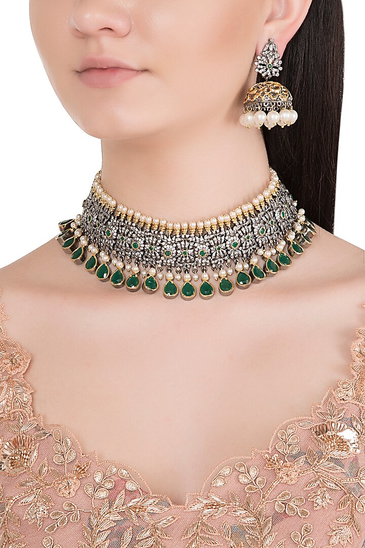Black Rhodium Finish Faux Pearl, Diamond & Green Stone Choker Necklace Set by Aster