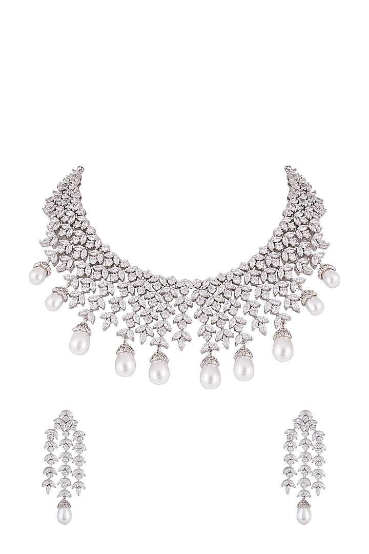 White Finish Faux Diamonds & Pearls Necklace Set by Aster at Pernia's Pop Up Shop