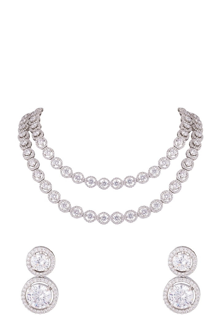 White Finish Faux Diamonds Double Line Necklace Set by Aster at Pernia's Pop Up Shop