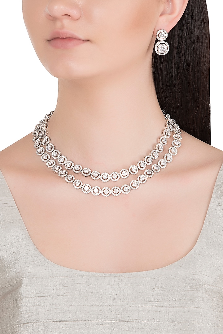 White Finish Faux Diamonds Double Line Necklace Set by Aster