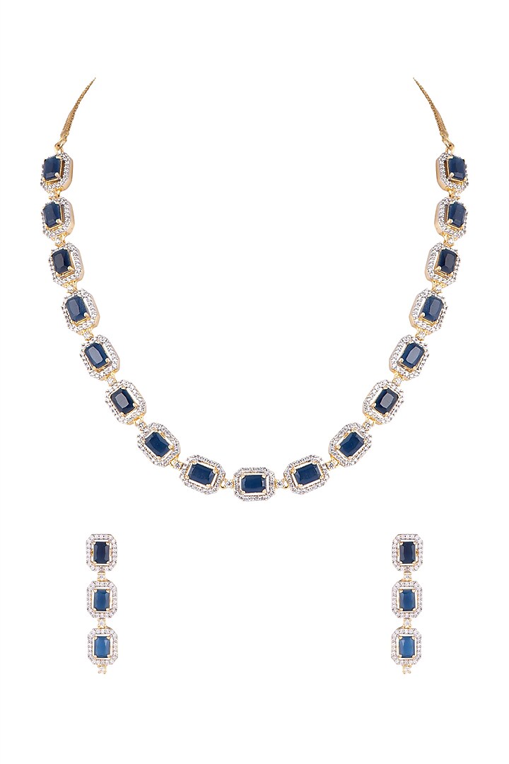 Gold Finish Blue Stone Necklace Set by Aster at Pernia's Pop Up Shop