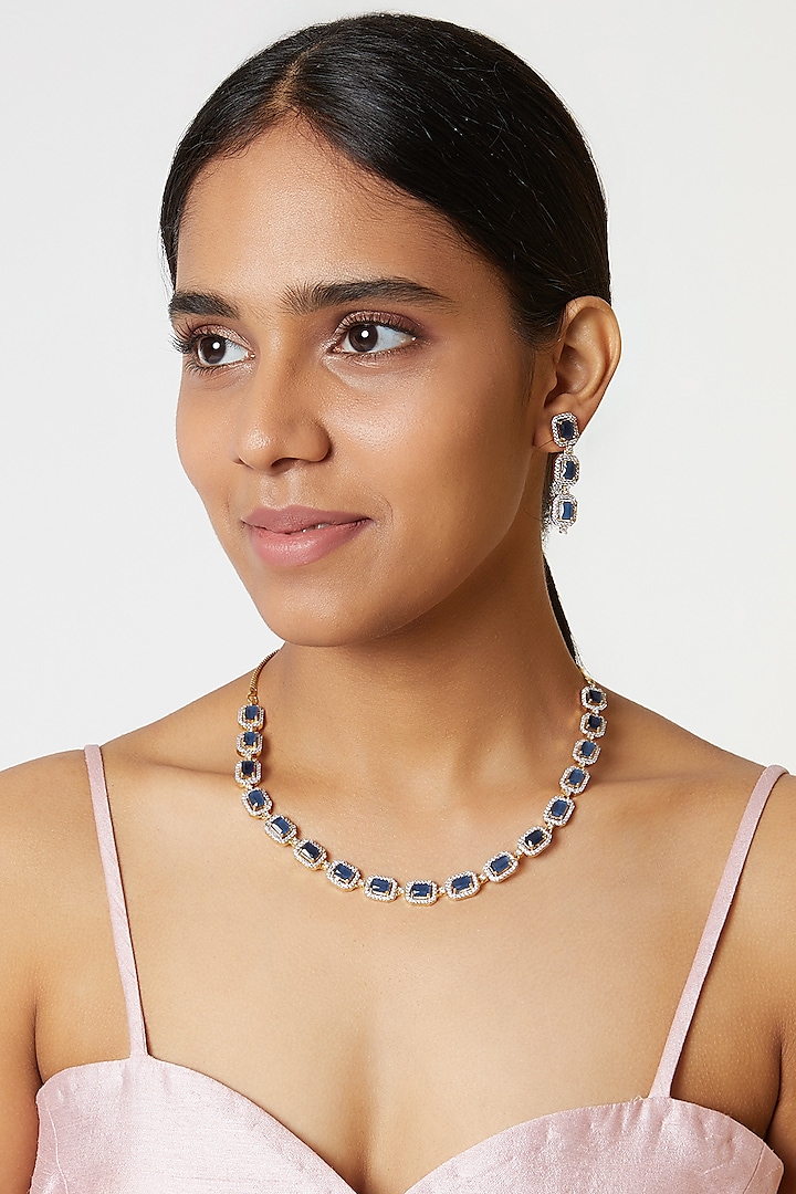 Gold Finish Blue Stone Necklace Set by Aster