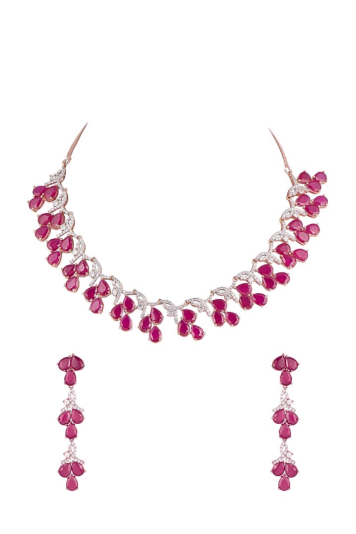 Rose Gold Finish Red Stone Necklace Set by Aster at Pernia's Pop Up Shop