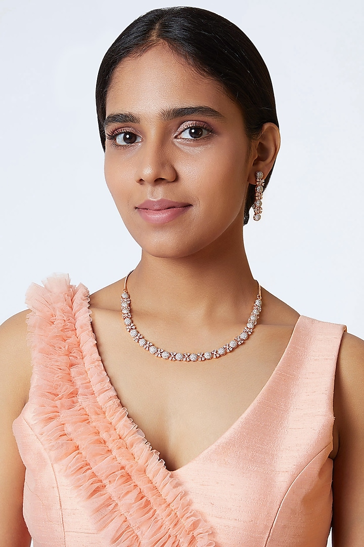 Rose Gold & White Finish Diamond Necklace Set by Aster