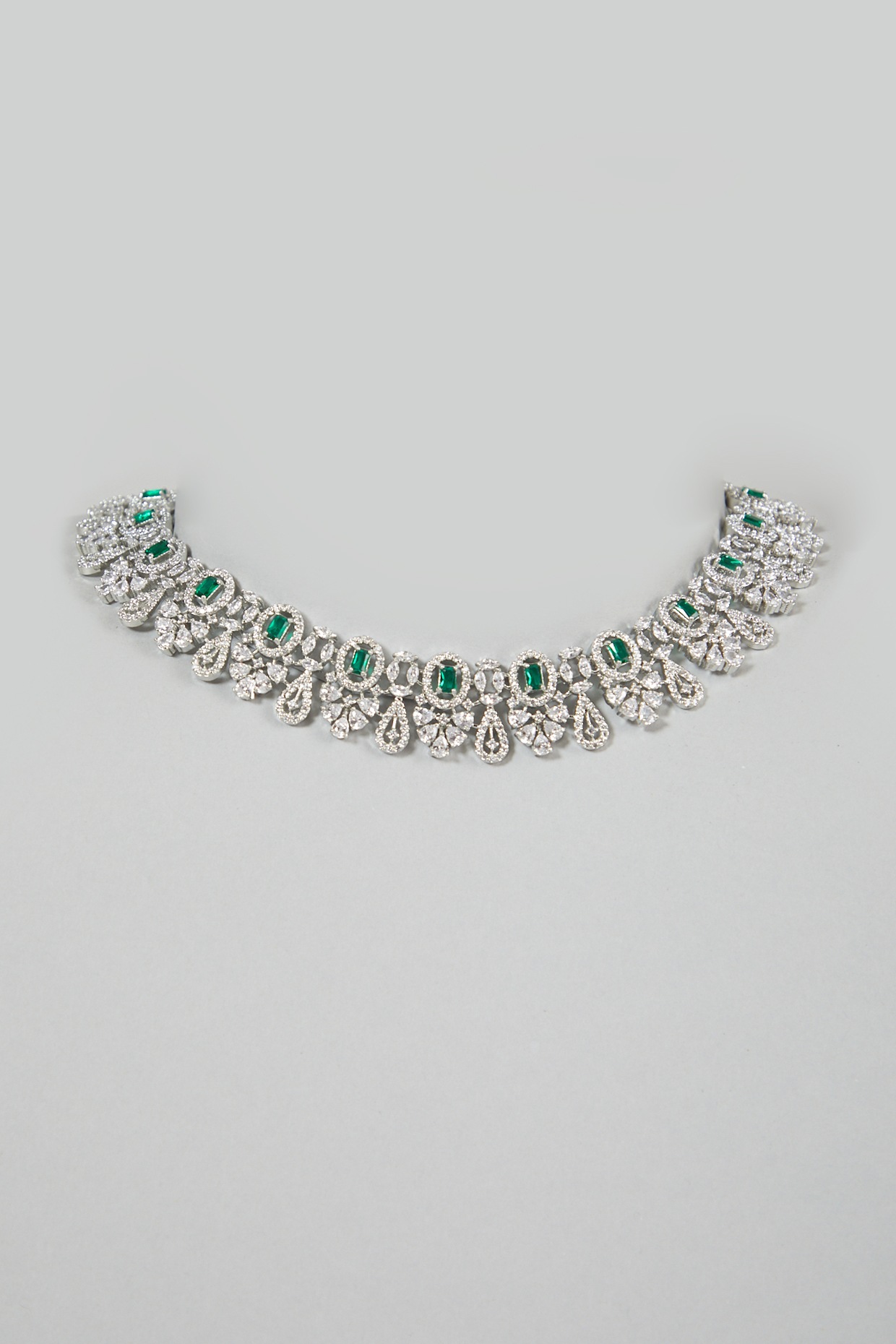 White Finish Faux Diamond & Emerald Synthetic Stone Necklace Set Design by  Aster at Pernia's Pop Up Shop 2024