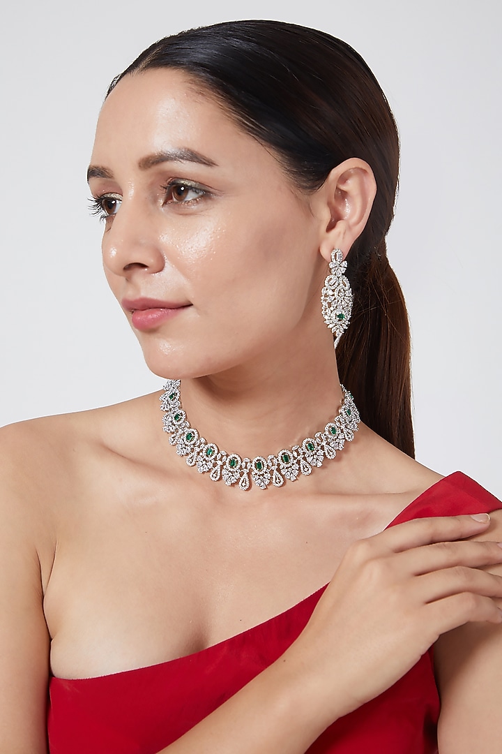 White Finish Zircon & Green Stone Necklace Set by Aster at Pernia's Pop Up Shop