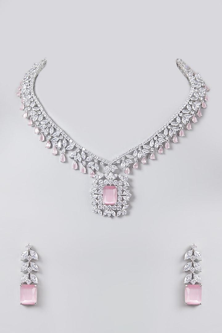 White Finish Zircon & Pink Stone Necklace Set by Aster at Pernia's Pop Up Shop