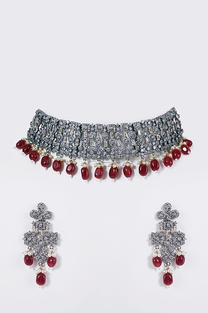 Black Rhodium Finish Zircon & Red Beaded Choker Necklace Set by Aster at Pernia's Pop Up Shop