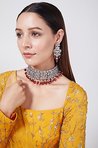 Black Rhodium Finish Zircon & Red Beaded Choker Necklace Set by Aster
