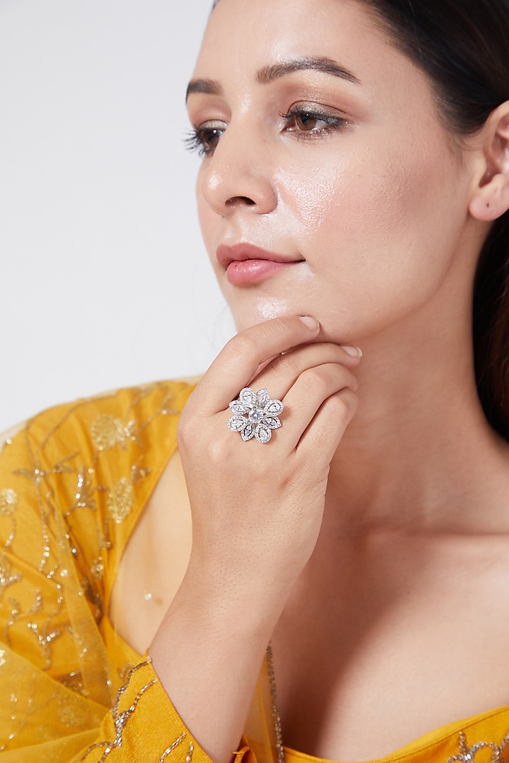 White Finish Diamond Floral Ring by Aster