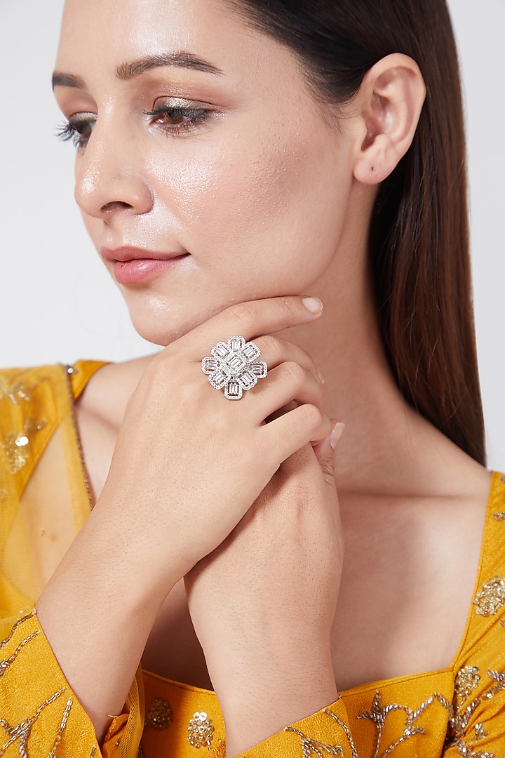 White Finish Floral Diamond Ring by Aster at Pernia's Pop Up Shop