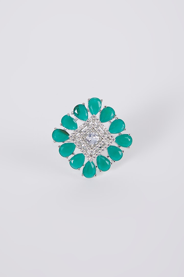 White Finish Green Stone & Diamond Ring by Aster at Pernia's Pop Up Shop