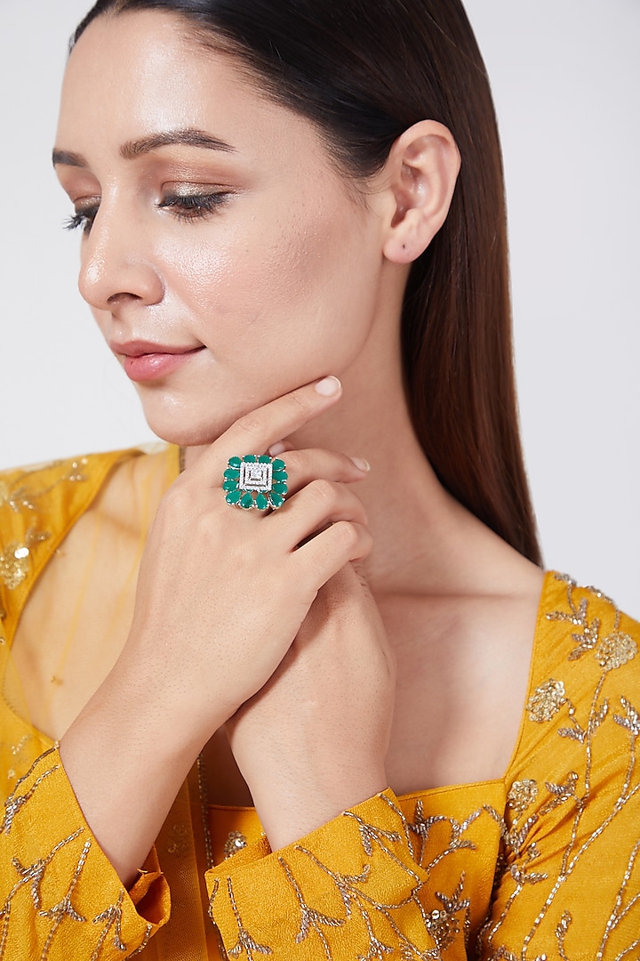 White Finish Green Stone & Diamond Ring by Aster