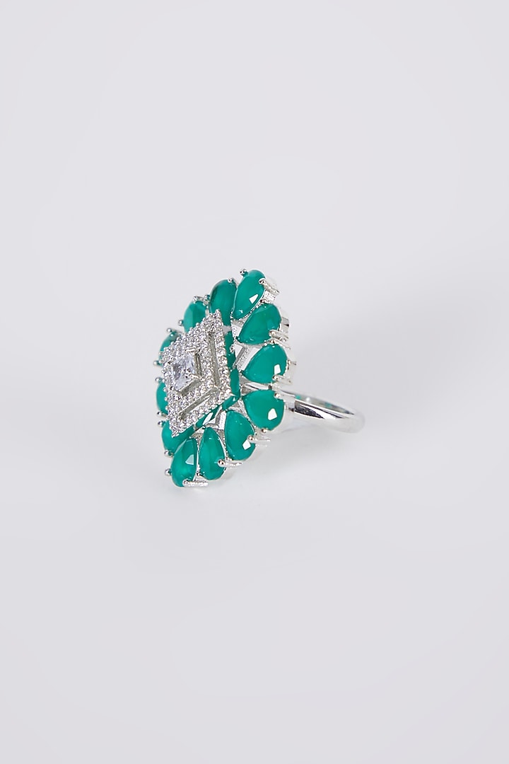 White Finish Green Stone & Diamond Ring by Aster at Pernia's Pop Up Shop