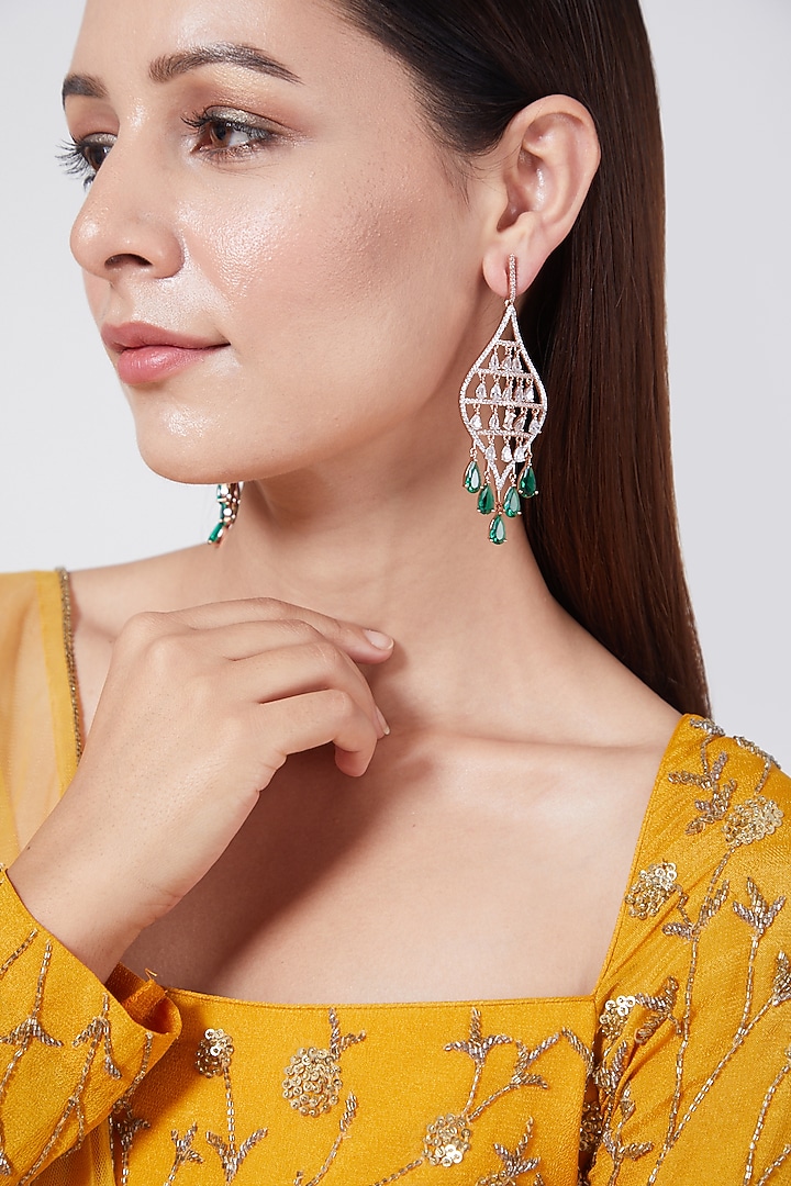 Rose Gold Finish Green Stone & Diamond Earrings by Aster at Pernia's Pop Up Shop