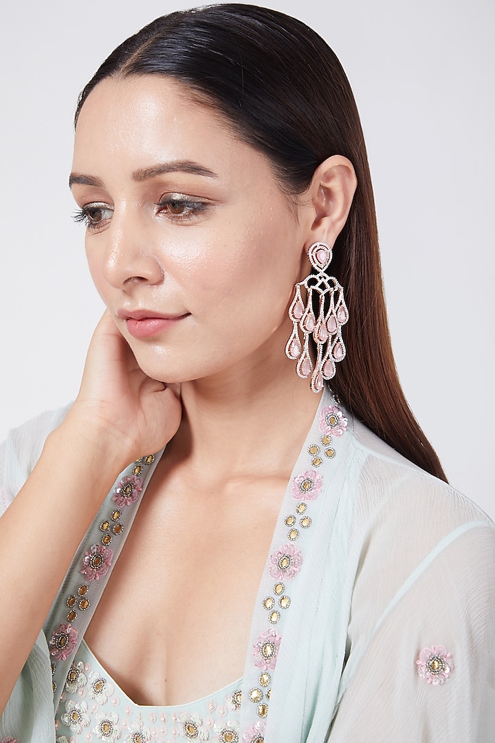 Rose Gold Finish Crystal Pink Stone Dangler Earrings by Aster
