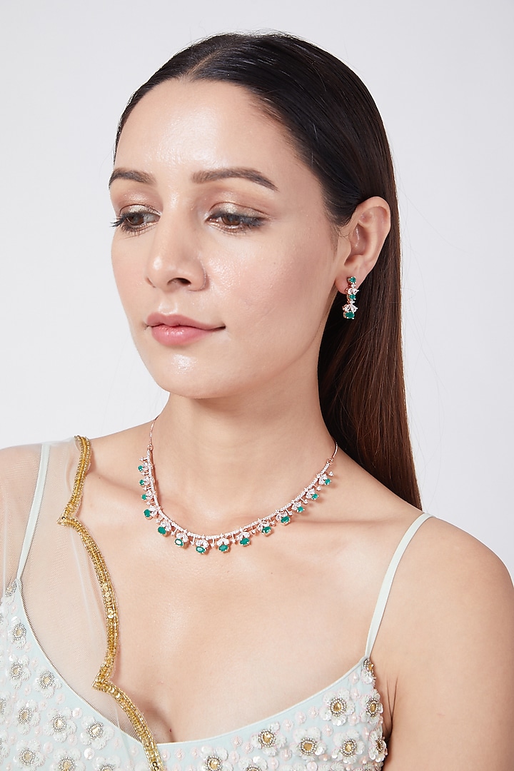 Rose Gold Finish Green Stone & Faux Diamond Necklace Set by Aster