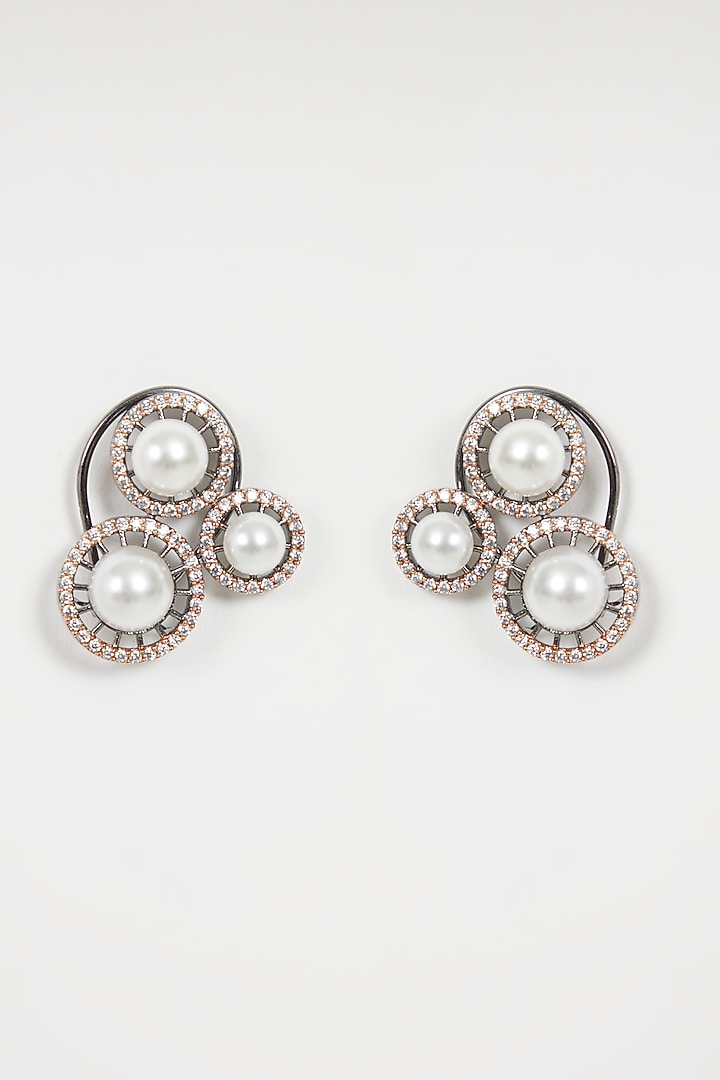 Black Rhodium & Rose Gold Finish Diamond & Pearl Earrings by Aster at Pernia's Pop Up Shop