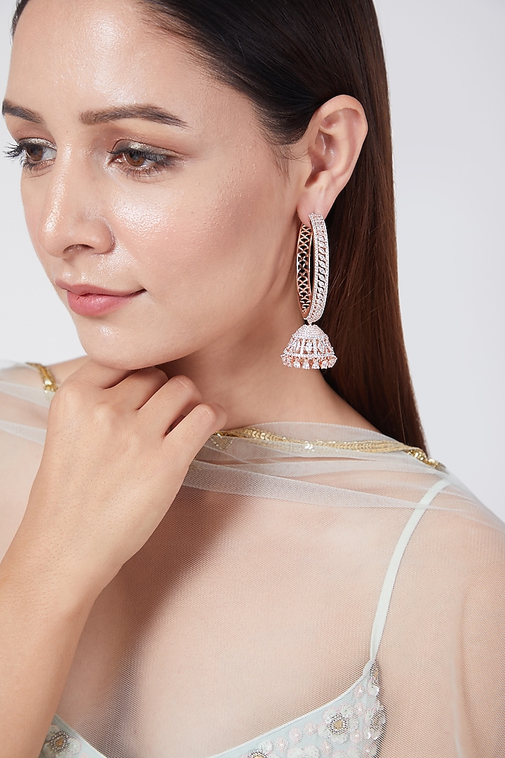 Rose Gold Finish Diamond Jhumka Hoop Earrings by Aster