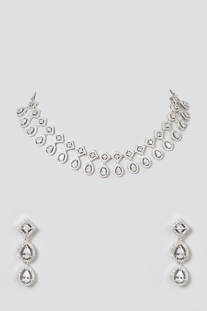 White Finish Necklace Set With Faux Diamonds by Aster at Pernia's Pop Up Shop