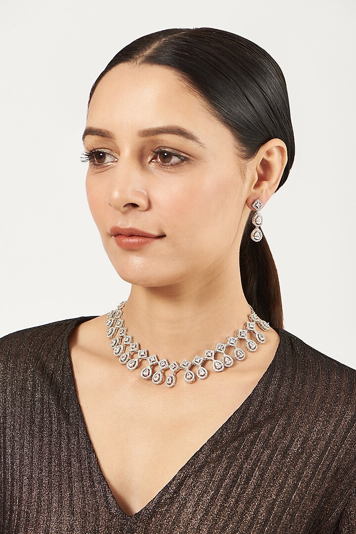 White Finish Necklace Set With Faux Diamonds by Aster at Pernia's Pop Up Shop