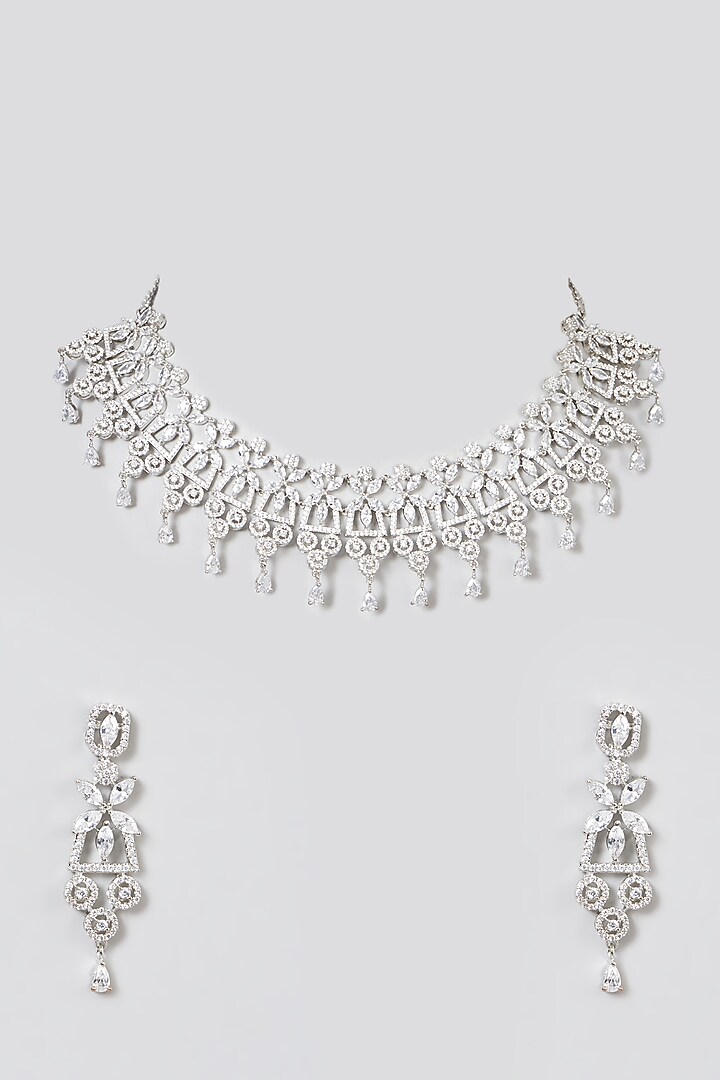 White Finish Necklace Set With Faux Diamonds by Aster at Pernia's Pop Up Shop