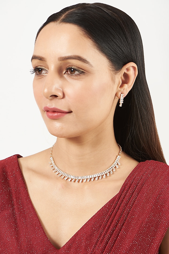Rose Gold Finish Choker Necklace Set With Faux Diamonds by Aster at Pernia's Pop Up Shop