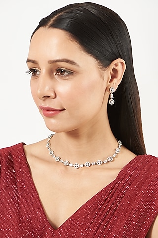 White Finish Choker Necklace Set With Zircons by Aster