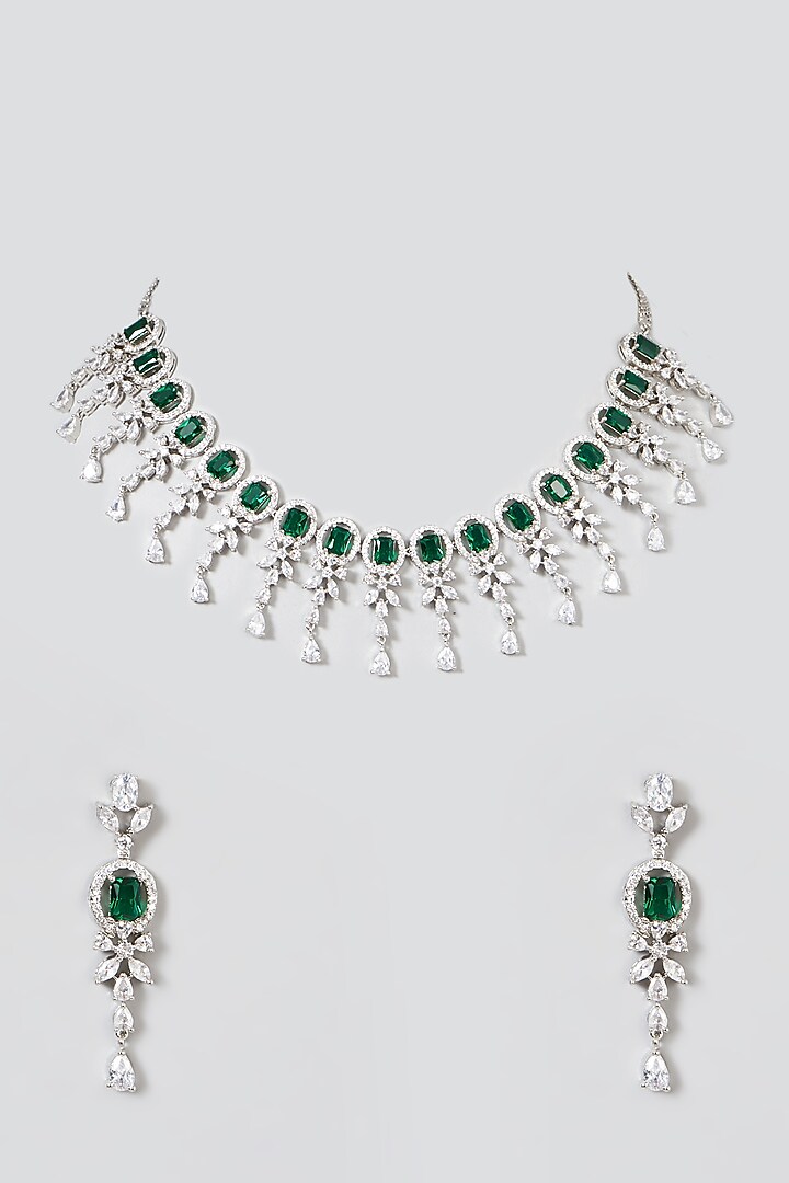 White Finish Necklace Set With Green Zircons by Aster