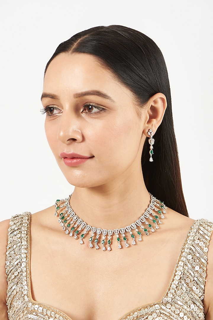 White Finish Green Zircon Necklace Set by Aster at Pernia's Pop Up Shop