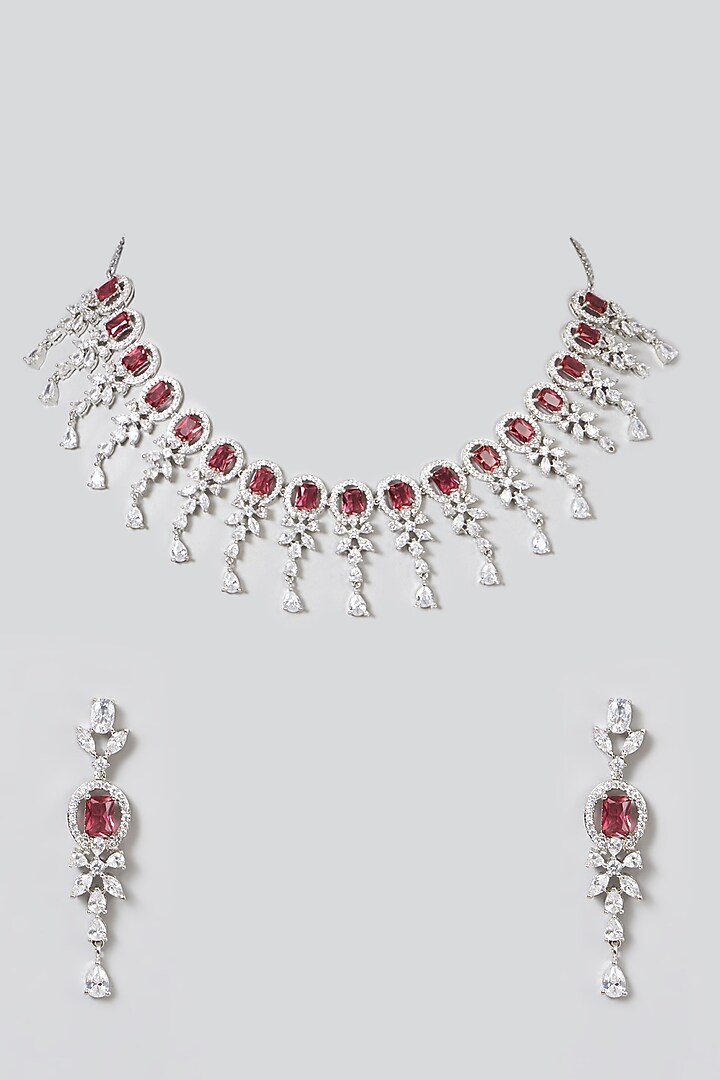 White Finish Necklace Set With Red Zircons by Aster at Pernia's Pop Up Shop