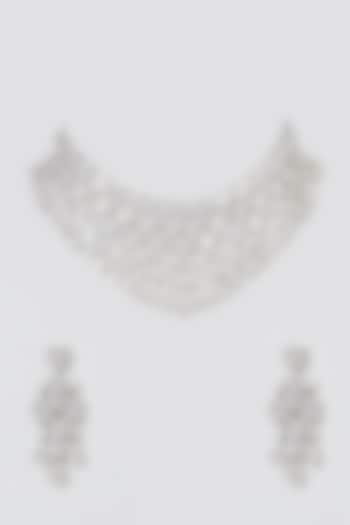 White Finish Necklace Set With Faux Diamonds by Aster