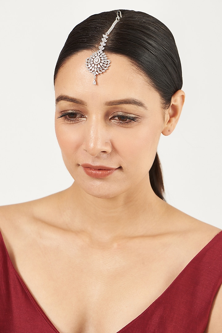 White Finish Maang Tikka With Faux Diamonds by Aster at Pernia's Pop Up Shop