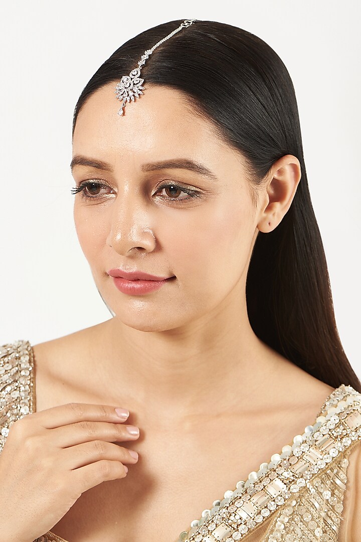 White Finish Maang Tikka With Faux Diamonds by Aster