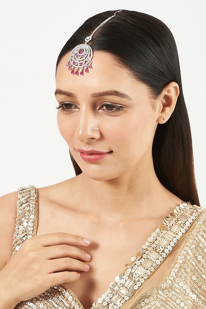 White Finish Zircon & Red Synthetic Stone Maang Tikka by Aster