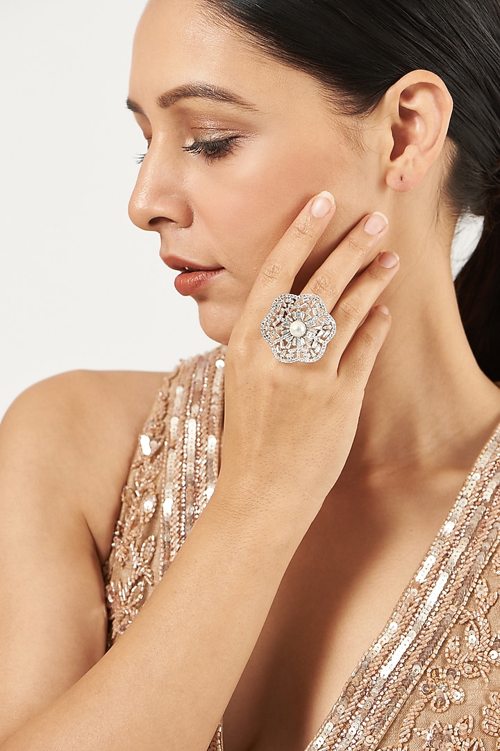White Finish Ring With Faux Diamond by Aster at Pernia's Pop Up Shop