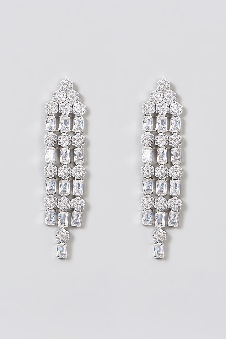 White Finish Faux Diamond & Zircon Dangler Earrings by Aster at Pernia's Pop Up Shop