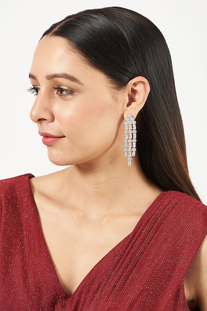 White Finish Faux Diamond & Zircon Dangler Earrings by Aster at Pernia's Pop Up Shop