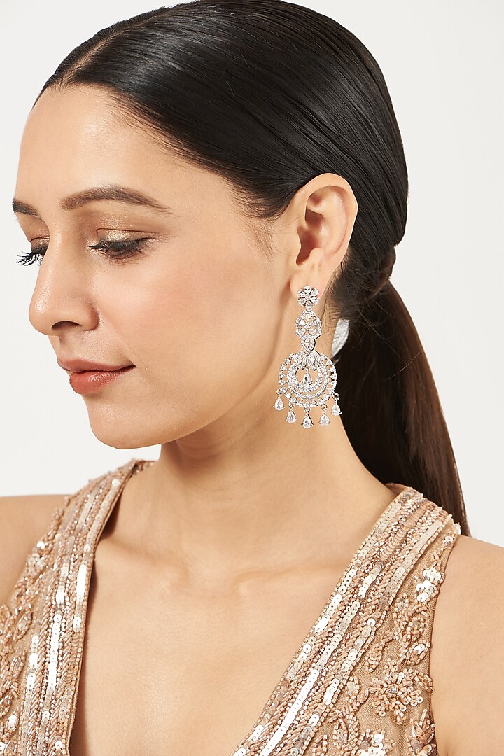 White Finish Faux Diamond Dangler Earrings by Aster at Pernia's Pop Up Shop