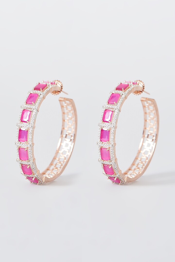 Rose Gold Finish Red Synthetic Stone & Zircon Hoop Earrings by Aster at Pernia's Pop Up Shop