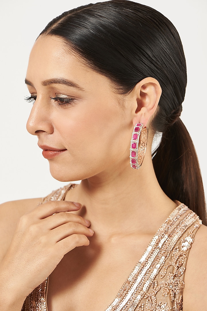 Rose Gold Finish Red Synthetic Stone & Zircon Hoop Earrings by Aster at Pernia's Pop Up Shop