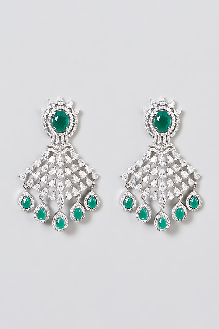 White Finish Green Synthetic Stone & Zircon Dangler Earrings by Aster at Pernia's Pop Up Shop