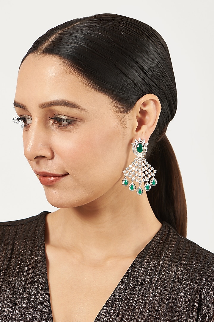 White Finish Green Synthetic Stone & Zircon Dangler Earrings by Aster at Pernia's Pop Up Shop