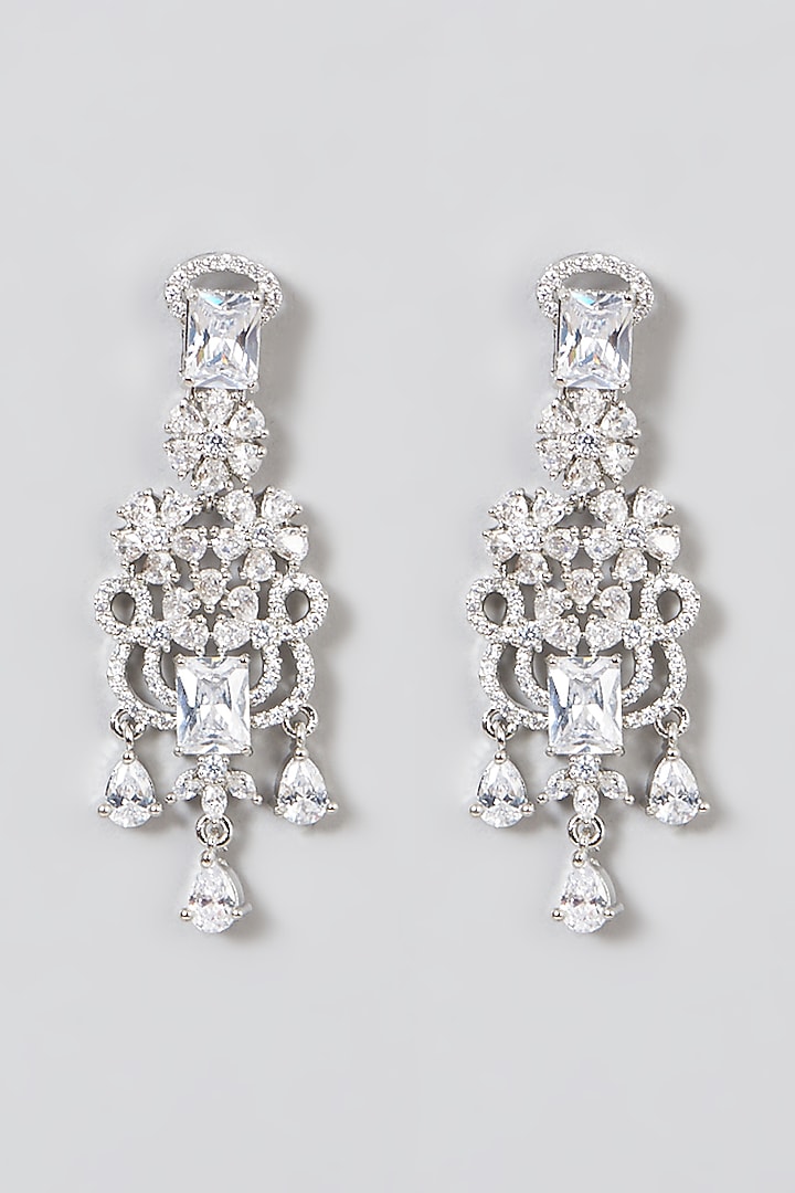 White Finish Faux Diamond Dangler Earrings by Aster at Pernia's Pop Up Shop