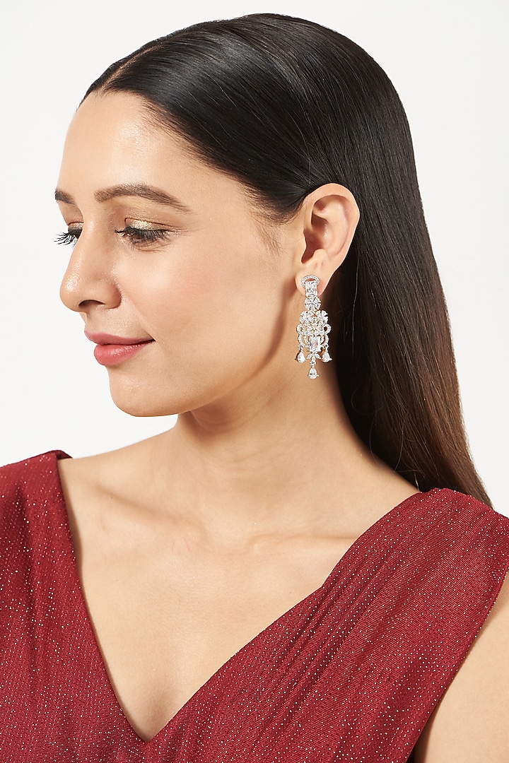 White Finish Faux Diamond Dangler Earrings by Aster at Pernia's Pop Up Shop