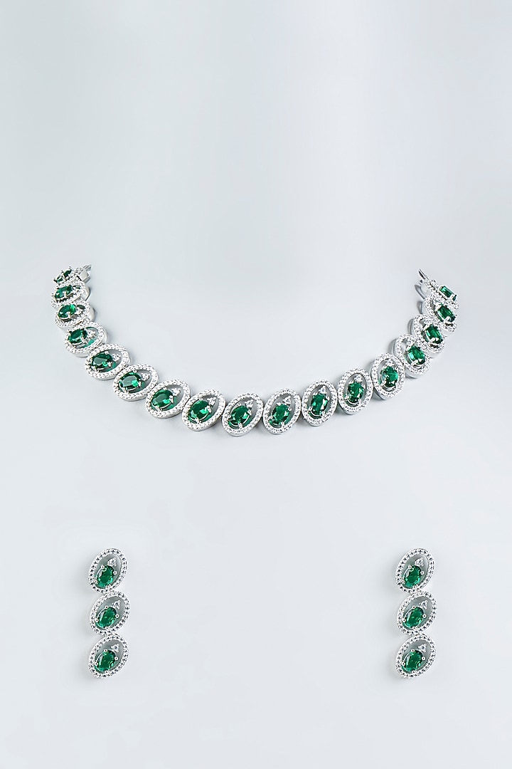 White Finish Zircons & Green Stone Necklace Set by Aster at Pernia's Pop Up Shop