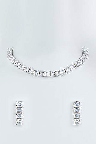 White Finish Mixed Metal Zircon Necklace Set by Aster